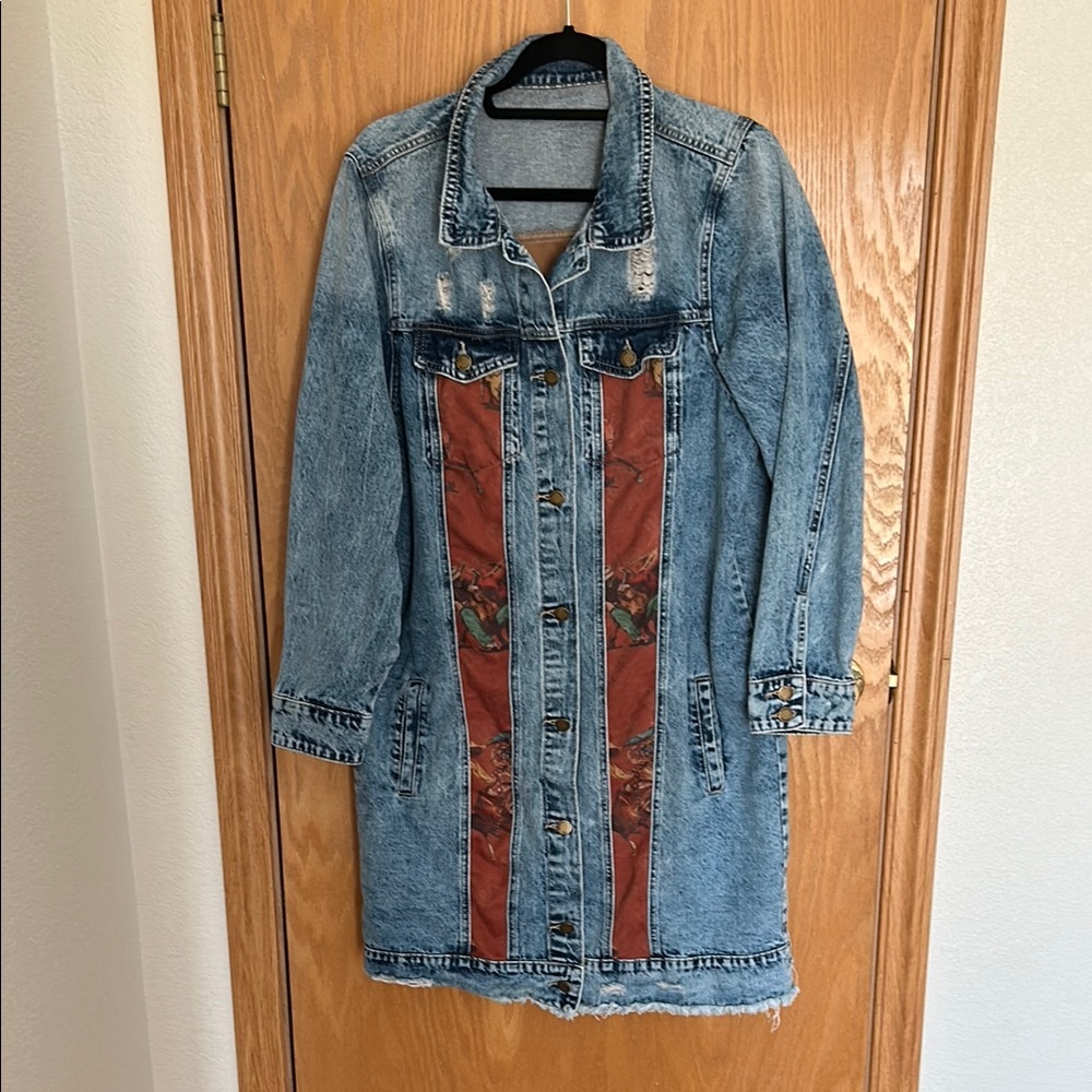 Fashion Express duster length jean jacket with rodeo accents l/xl